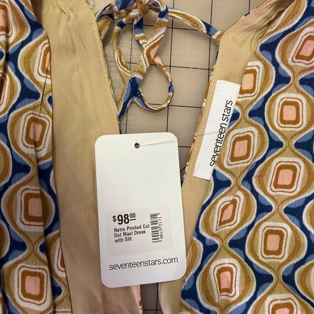 Seventeenstars Cut Out Maxi Dress Side Slit Blue Gold Cream Retro Print - Picture 15 of 16